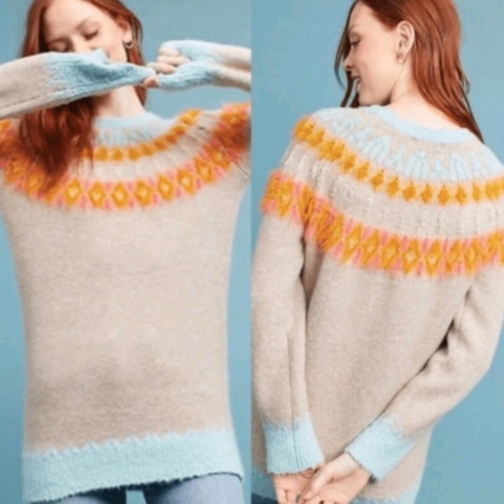 SLEEPING ON SNOW Anthro Eyelash Fair Isle Alpaca Wool Blend Tunic Sweater